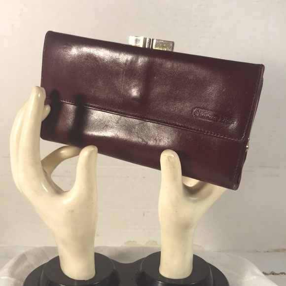 Christian Dior Vintage Burgundy Leather Trifold  Kiss Lock Clutch Wallet - Picture 1 of 10